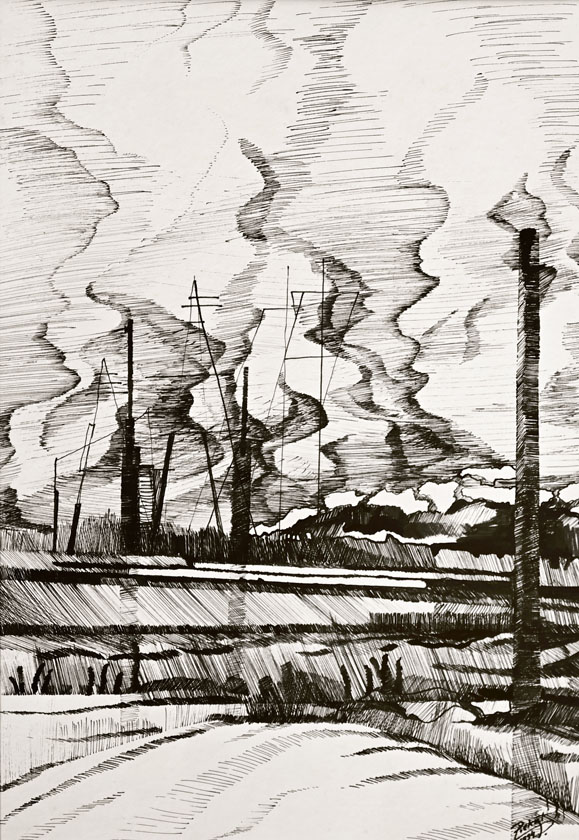 Dariusz Piekut: Pejzaż I | piórko, tusz, karton, 30 x 21 cm | 1994