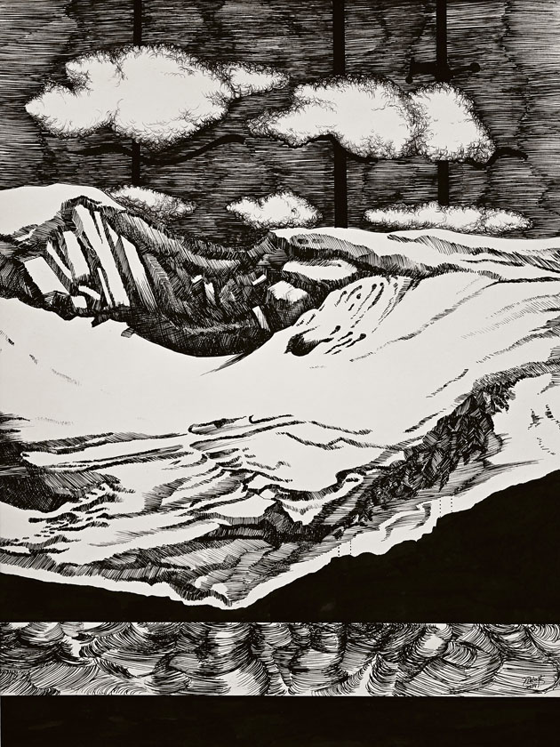 Dariusz Piekut: Górski pejzaż | piórko, tusz, karton, 40 x 30, 5 cm | 1994