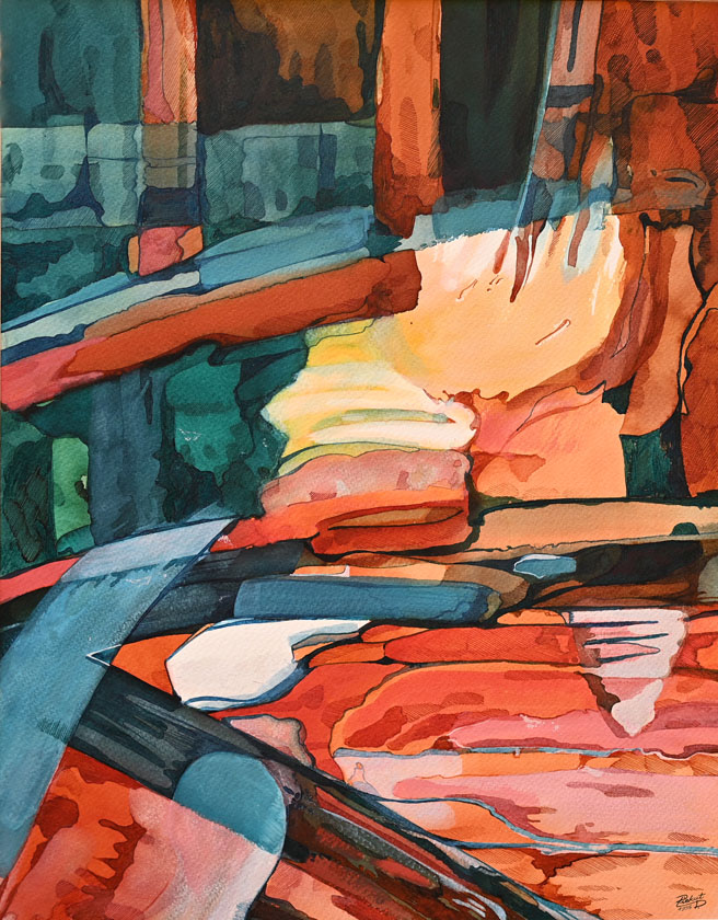 Dariusz Piekut: Pejzażowa kompozycja | ekolina, akryl, karton, 45 x 35 cm | 1995