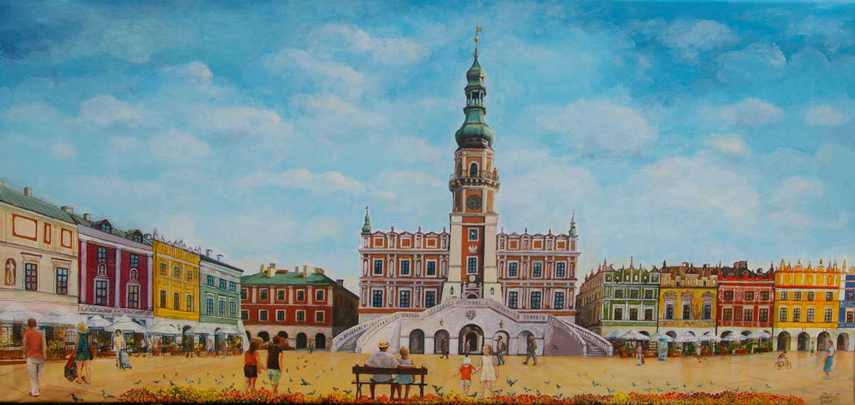 Dariusz Piekut: Zamojska Starówka | akryl, płótno, 59 x124 cm | 2020